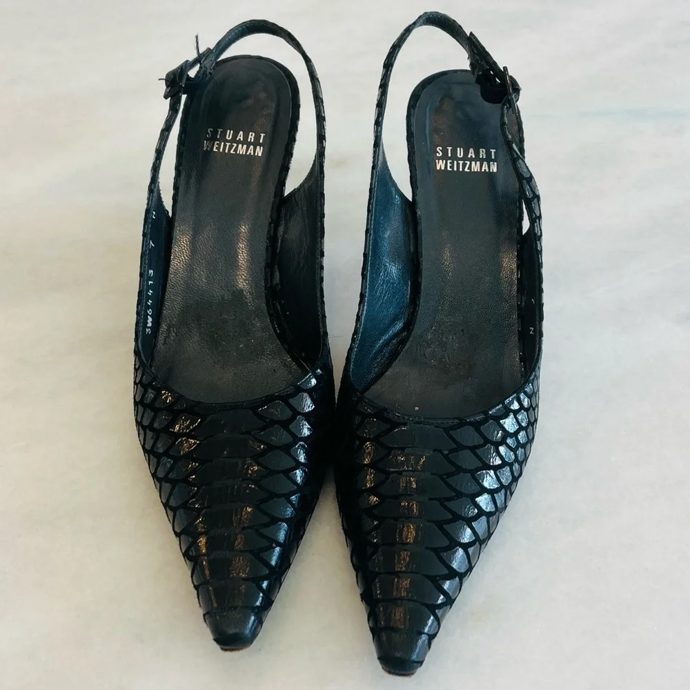 Stuart Weitzman Black Textured Snake Skin Slingback Pointed Heels Size 7 Narrow